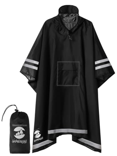 Adult Rain Poncho Waterproof Hooded Raincoat Lightweight Packable (One Size / Black03 (With Reflective Stripes))