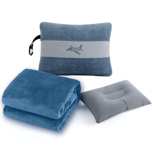 Large Soft Travel Blanket and Inflatable Pillow Set (Blue)