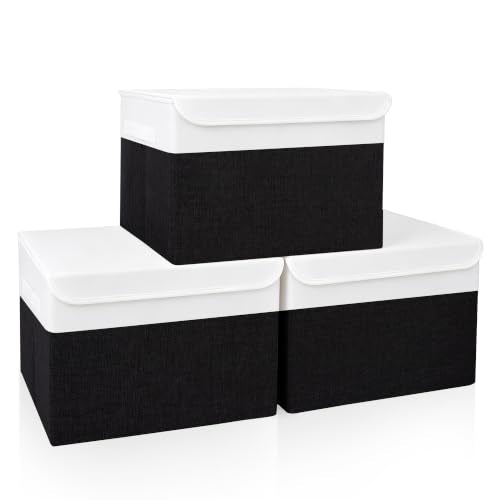 Large 17" 42 Quarts Collapsible Stackable Storage Bins with Lids [3 (Black & White / Large - 3 Pack)