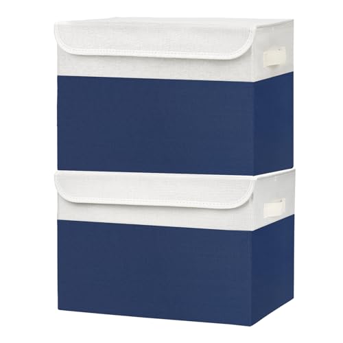 Large 42 Quarts Fabric Storage Bins with Lids [2 (Navy Blue & White / Large - 2 Pack)