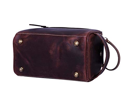 10" Premium Leather Toiletry Travel Pouch With Waterproof Lining (Dark Brown)