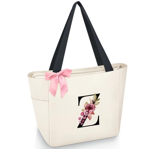 Tote Bag, A-Z Initial Monogrammed Waterproof Tote Bag, Bridesmaid Gifts for Women, Black and Pink (Z, Beige) (Beige)