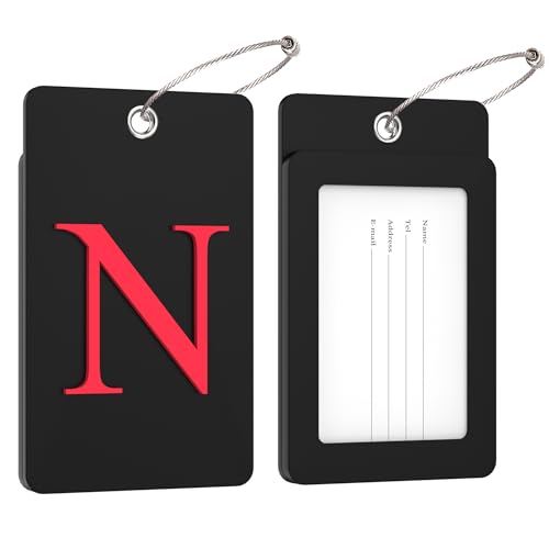 2 Pack Initial Luggage Tags for Suitcases Airplane Travel Essentials (Large N / Black)
