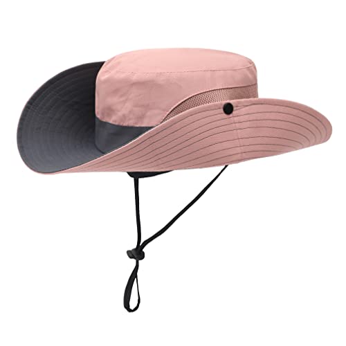 Womens Summer Sun Hat Beach Hat Wide Brim Outdoor UV Protection Hat Foldable Cool Mesh Ponytail Bucket Hat (6-7 / Grey+pink)