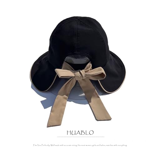 HUALBO Wide Brim Hats for Woman Foldable Hats Sun Hats for Women uv Protection Bowknot Bucket hat Adjustable hat with Ponytail Hole Black (Black)
