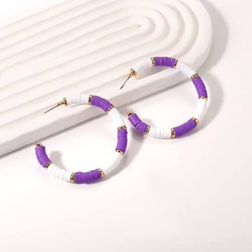 Game Day Earrings Football Baseball Earrings for Women Sports Team Heishi Hoop Earring Football Accessories Outfits Cheer Mom Essentials Fall Sports Must Haves Cheer Gifts (Purple White)