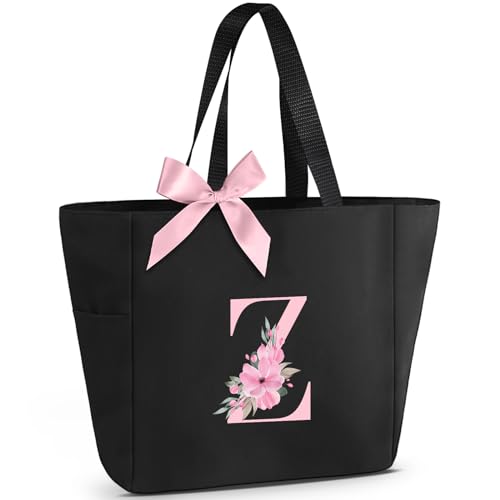 Tote Bag, A-Z Initial Monogrammed Waterproof Tote Bag, Bridesmaid Gifts for Women, Black and Pink (Z, Black) (Black)