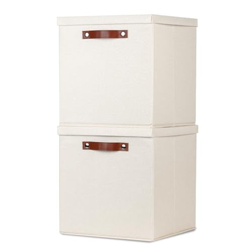 Fabric Storage Bins with Lids 13 Inch Storage Cubes with Lid (13×13×13 / Beige)