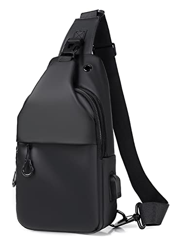Waterproof Sling Bags Mens Shoulder Crossbody Backpack with USB Charging Port& Headphone (A-black)