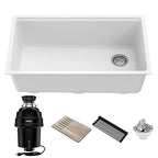 KGUW1-33WH-100-100, Bellucci Workstation 32 in. Undermount Granite Composite Single Bowl Kitchen Sink in White with WasteGuard 1 HP Continuous Feed Garbage Disposal and Accessories (White / 32 Inch / Sink and Garbage Disposal 1 HP)