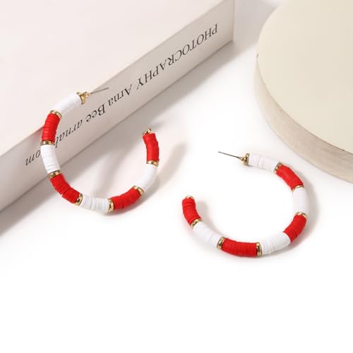 Game Day Earrings Football Baseball Earrings for Women Sports Team Heishi Hoop Earring Football Accessories Outfits Cheer Mom Essentials Fall Sports Must Haves Cheer Gifts (Red White)