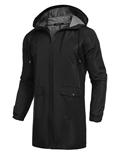 Men's Packable Rain Jacket Outdoor Waterproof Hooded Lightweight Classic Cycling Raincoat (Black / X-Large)