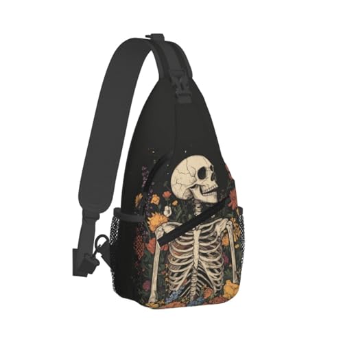Sling Bag Skeleton Flower Skull Vintage Hiking Daypack Crossbody Shoulder Backpack Travel Chest Pack for Men Women (B0155)