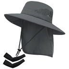 Sun Hat for Men Women Fishing Hat with Neck Flap Wide Brim Bucket Hat UV Protection for Beach Camping Hiking (Dark Grey-with Cooling Sleeves)