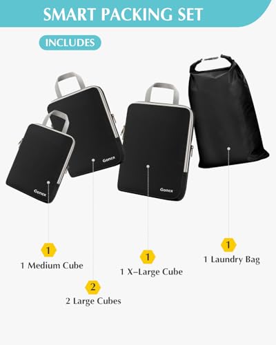 5 Piece Compression Packing Cubes with Laundry Bag (5-Black / 5 Set)