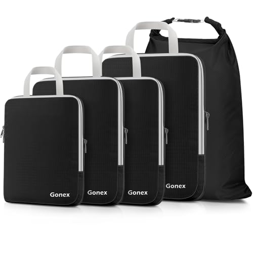 5 Piece Compression Packing Cubes with Laundry Bag (5-Black / 5 Set)