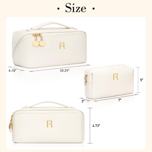 Initial Makeup Bag Personalized Gift for Women Teen Girls (Large Beige / R)