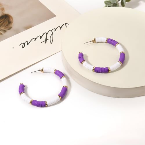 Game Day Earrings Football Baseball Earrings for Women Sports Team Heishi Hoop Earring Football Accessories Outfits Cheer Mom Essentials Fall Sports Must Haves Cheer Gifts (Purple White)