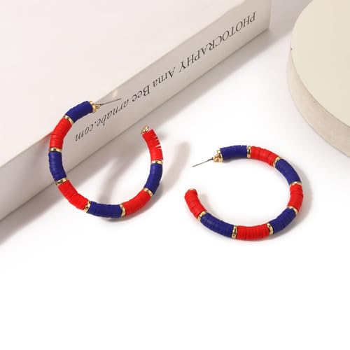 Game Day Earrings Football Baseball Earrings for Women Sports Team Heishi Hoop Earring Football Accessories Outfits Cheer Mom Essentials Fall Sports Must Haves Cheer Gifts (Red Blue)
