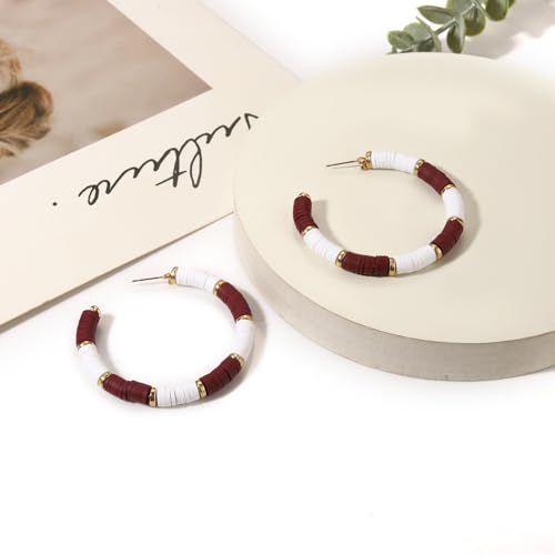 Game Day Earrings Football Baseball Earrings for Women Sports Team Heishi Hoop Earring Football Accessories Outfits Cheer Mom Essentials Fall Sports Must Haves Cheer Gifts (Burgundy White)