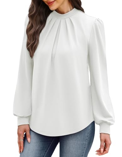 Long Sleeve Shirts for Women Business Casual Outfits Blouses for Women Dressy Casual Fall Clothes 2026 Fashion Clothing Mock Neck Womens Tunic Tops Plus Size White XL (04 - White / X-Large)