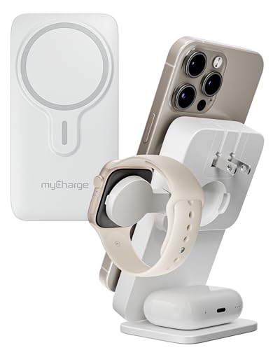 EcoHub 3-in-1 Magnetic Wireless Charger & Battery Pack for iPhone, iWatch, AirPods - 6,000mAh Battery | Built-in Wall Plug | 15W Magsafe Wireless Output | Foldable | Charging Station | White (White)