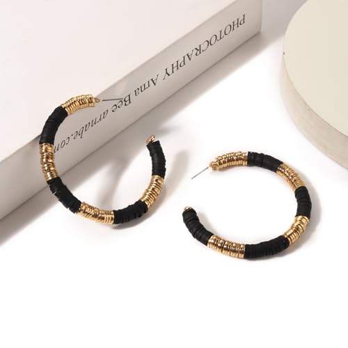 Game Day Earrings Football Baseball Earrings for Women Sports Team Heishi Hoop Earring Football Accessories Outfits Cheer Mom Essentials Fall Sports Must Haves Cheer Gifts (Black Gold)