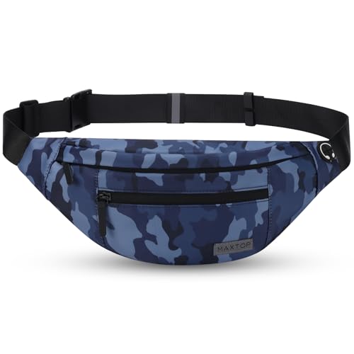 Large Fanny Pack Cross Body Bag Camo Belt Bag with Headphone Jack (Camo Gray Blue / Large)