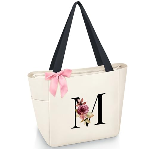 Tote Bag, A-Z Initial Monogrammed Waterproof Tote Bag, Bridesmaid Gifts for Women, Black and Pink (M, Beige) (Beige)