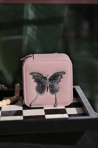 Travel Jewelry Organizer Boxes for Women Small Portable Necklace Earrings Bracelet Rings Travel Case Best Friend Birthday Gifts for Women Trendy (Butterfly_Pink_Gray)