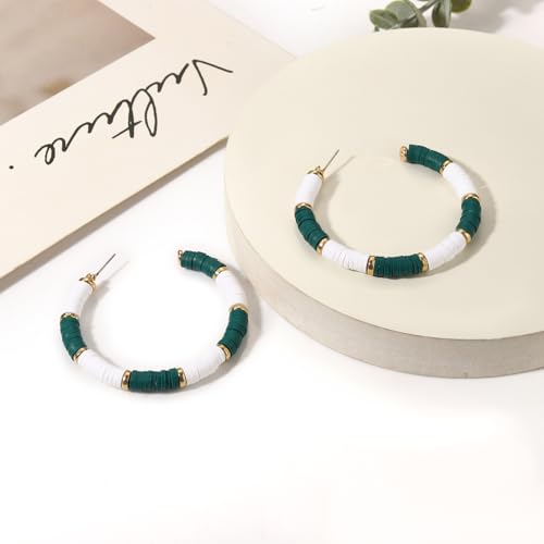 Game Day Earrings Football Baseball Earrings for Women Sports Team Heishi Hoop Earring Football Accessories Outfits Cheer Mom Essentials Fall Sports Must Haves Cheer Gifts (Green White)