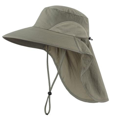 Outdoor UPF50+ Sun Hat Wide Brim Mesh Fishing Hat with Neck Flap (Large-X-Large / Pea Green)