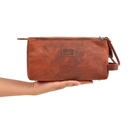 Genuine Leather Toiletry Travel Bag For Men & Women (Red Brown / 10"X5")