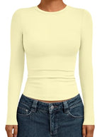 Womens Long Sleeve Shirts Basic Compression Tops Creamy Yellow XL (X-Large / Creamy Yellow)