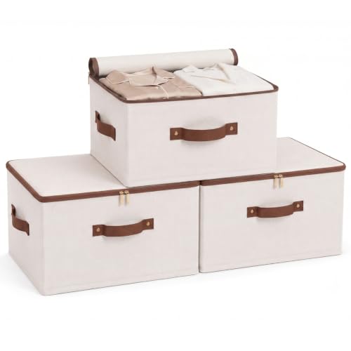 3 Pcs Rigid Storage Bins with Zipper Lid (Beige / XL-42L)