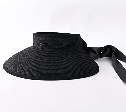Women's Straw Sun Visor Hat UPF Wide Shade Ponytail Summer Hat (One Size / Black)