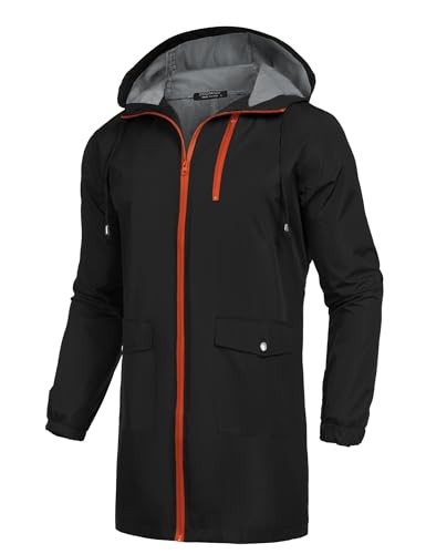 Long Rain Jackets Lightweight Hooded Packable Raincoat Waterproof Outdoor Hiking Windbreaker Jacket for Men (Black/Orange / X-Large)