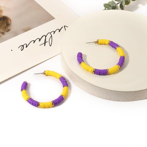 Game Day Earrings Football Baseball Earrings for Women Sports Team Heishi Hoop Earring Football Accessories Outfits Cheer Mom Essentials Fall Sports Must Haves Cheer Gifts (Purple Yellow)