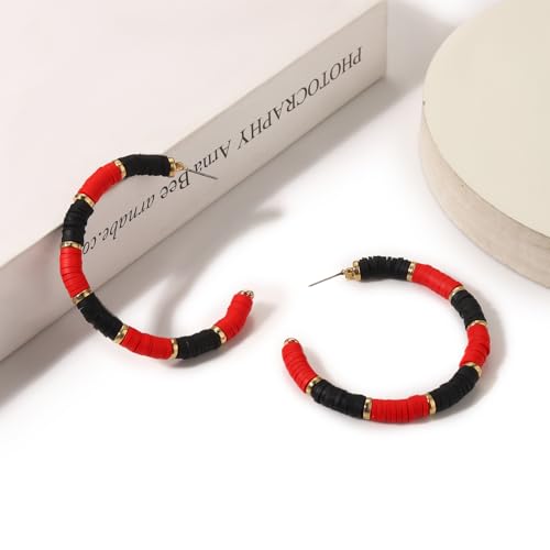 Game Day Earrings Football Baseball Earrings for Women Sports Team Heishi Hoop Earring Football Accessories Outfits Cheer Mom Essentials Fall Sports Must Haves Cheer Gifts (Red Black)