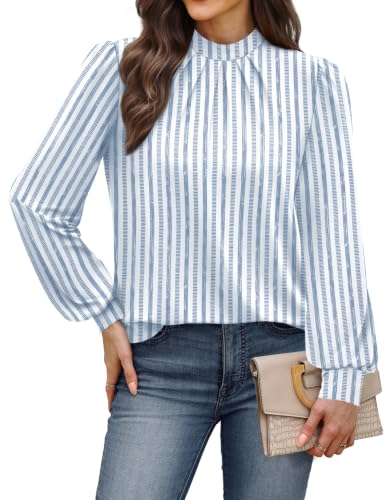 Long Sleeve Shirts for Women Fall Outfits for Women 2026 Business Casual Tops Blouses Dressy Casual Early Fall Fashion Clothing School Outfits for Teachers Work Clothes Trendy (05 - Light Blue Stripe / Medium)