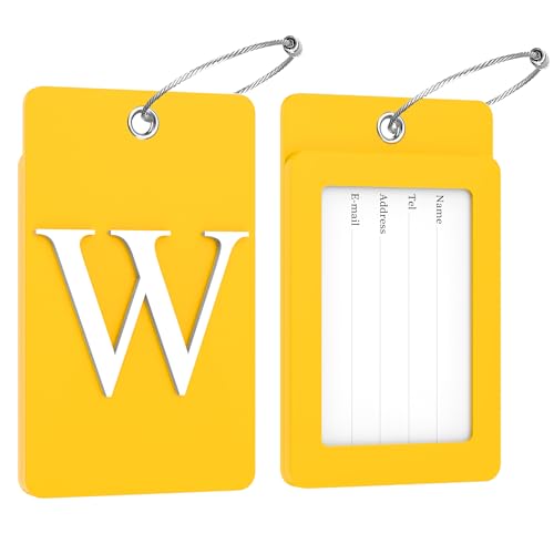 2 Pack Initial Luggage Tags for Suitcases Airplane Travel Essentials (Large W / Yellow)