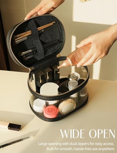 Travel Makeup Bag Clear Compact Make Up Vanity Case with Brush Storage and Top Handle (Black / Train Case)