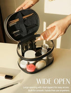 Travel Makeup Bag Clear Compact Make Up Vanity Case with Brush Storage and Top Handle (Black / Train Case)