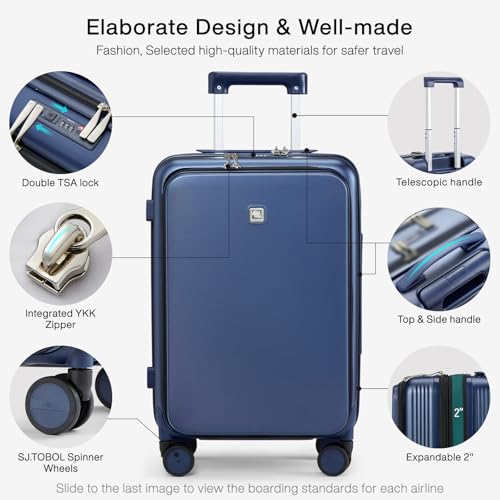 Grace Expandable Carry On Luggage with Wheels Airline Approved Hard Shell Suitcases with Front Pocket (Dark Blue / 20 Inch-3)