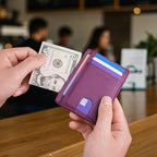 Slim Minimalist Front Pocket RFID Blocking Leather Wallets for Men and Women (Small / Cross Purple)