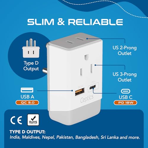 US to India Plug Adapter (white gray)