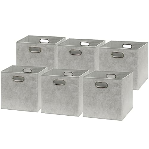 11 Inch Foldable Cube Storage Bins with Handles (6 Pack - 10.5" x 10.5" x 11" / Gray)