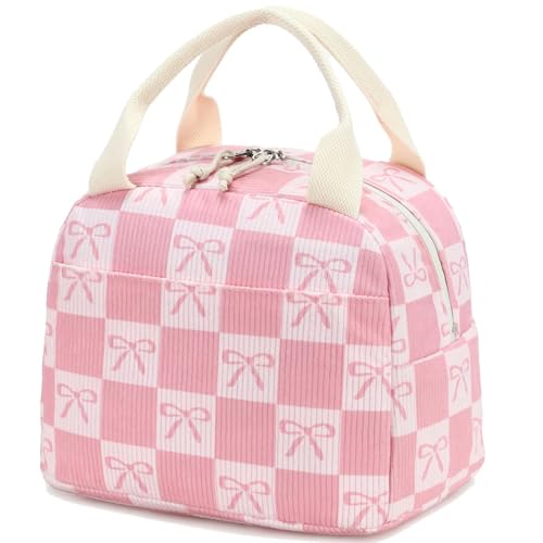 Lunch Bag for Women Men Cute Corduroy Lunch Tote Bags Reusable Insulated Lunch Box Large Capacity Reusable Insulated Cooler for Work Picnic or Travel (Bow Pink Checked 23 / 10L)