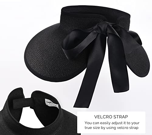 Women's Straw Sun Visor Hat UPF Wide Shade Ponytail Summer Hat (One Size / Black)