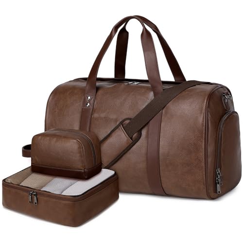 3PCS Faux Leather Weekender Bag for Women Men Travel Bag Overnight Bags (Coffee)